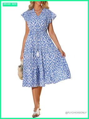 Ruffle Short Sleeve Floral Midi Dress with Pockets Drawstring Waist